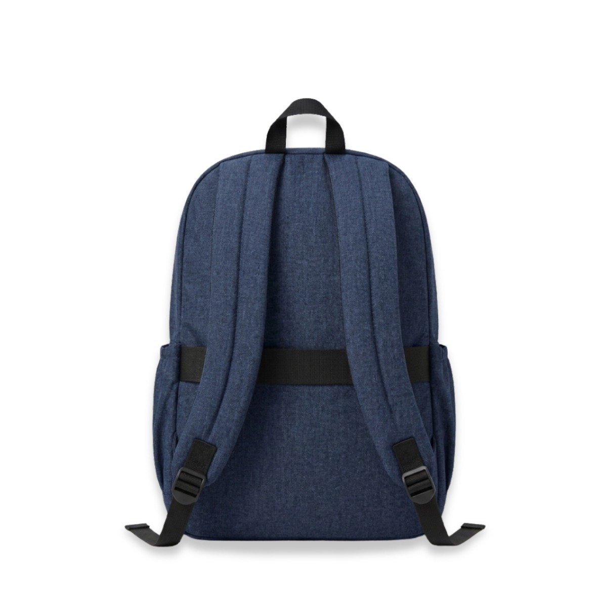 Blue basic backpack back view with luggage strap