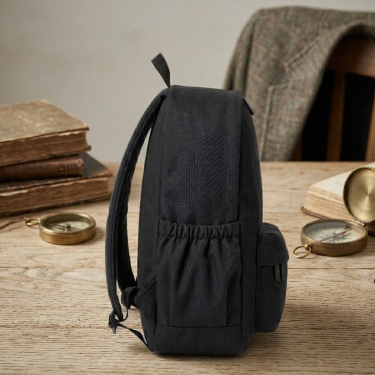 Black basic backpack side view
