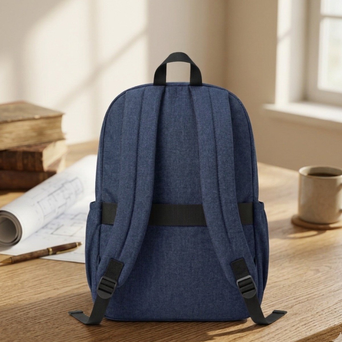 Blue basic backpack back view with luggage strap