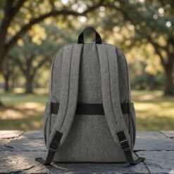 Grey basic backpack back view with luggage strap