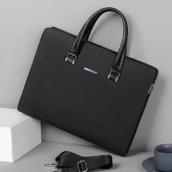 Black leather laptop bag for men