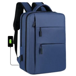 blue russell backpack side view